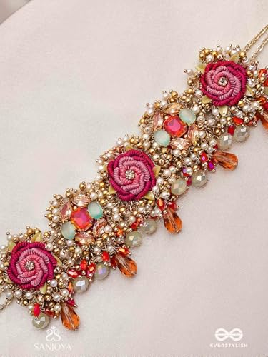 Image of SANJOYA BY EVERSTYLISH Gulratna Jewel Of Roses Handcrafted Rose Choker With Beaded Fringes, Pearls And Gem Details Lightweight Jewelry For Women | Party, Festive, Wedding & Gifting