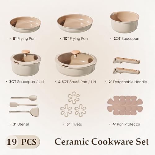 Image of CAROTE Ceramic Pots and Pans Set, Cookware Set Detachable Handle, 19 Pcs Induction Kitchen Cookware Sets Non Stick with Removable Handle, RV Cookware Set, Oven Safe, Elegant White, Mothers Day Gifts