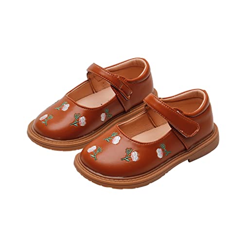 Girls Leather Flower EmbroideryDesign Soft Round Toe Princess Dress Flat Shoes(Toddler/Little Youth Cleats Size 23
