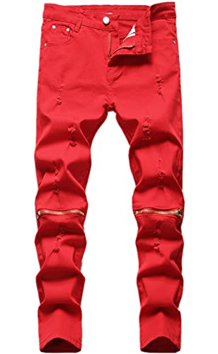 Boy's Ripped Distressed Skinny Fit Knee Zipper Solid Color Stretch Slim Fashion Jeans Pants,Red,12