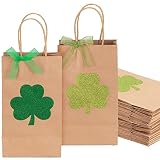 Whaline 24 Pack St. Patrick's Day Kraft Paper Bags with Handle Glitter Shamrock Treat Gift Bag with Ribbon for Party Favors Snack Cookie Craft Wrapping (2 Design)