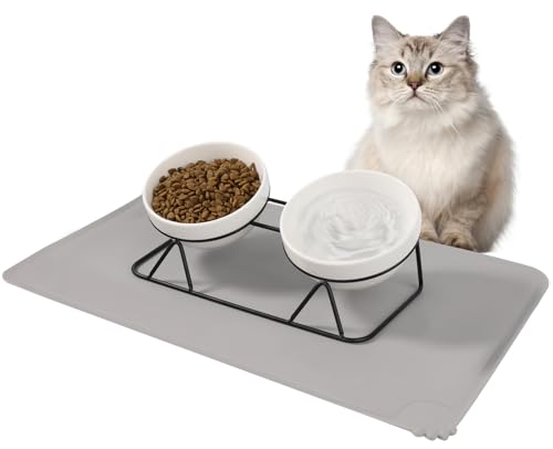 Vikcvcsc 2 Gamelle Chat Surélevée, Bol Ceramique mit Tapis Gamelle Chat et Support en Métal, Bol Inclinable à 15° pour Petits Chiens