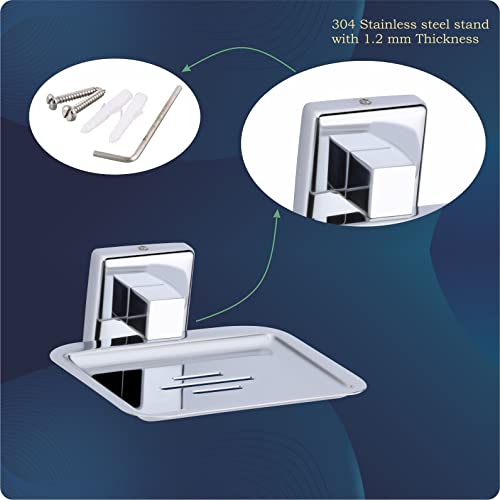 Image of Premium Stainless Steel Wall Mounted Soap Dish for Bathroom and Kitchen | Rustproof Chrome Finish Soap Holder Case with Drain Holes | Square Modern Soap Stand Bracket (Square-26 06)