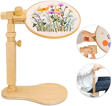 Adjustable Embroidery Hoop Stand Cross Stitch Stand Lap, Beech Wood Embroidery Hoop Holder Frame, Rotated Needlepoint Frame Stand for Art Craft Sewing Needlework Projects