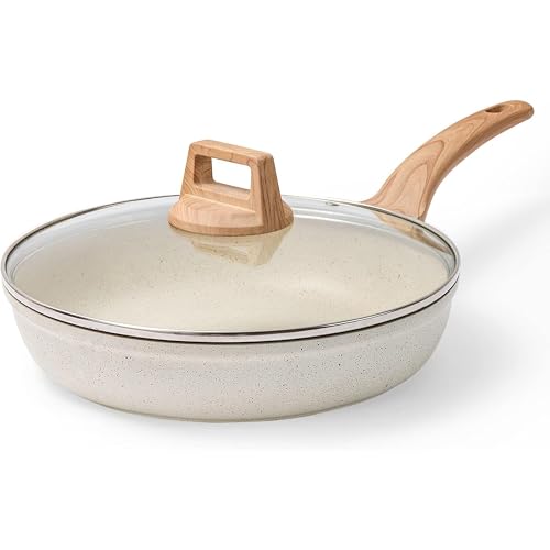 Image of Homero Non Stick Maifan Frying Pan with Lid, Non Stick Pan with Non-Toxic Coating, Granite Skillet with Anti-Scald Handle, Omelet Pans, Egg Pan Cookware, PFOS & PFOA Free (24cm, Maifan Stone)