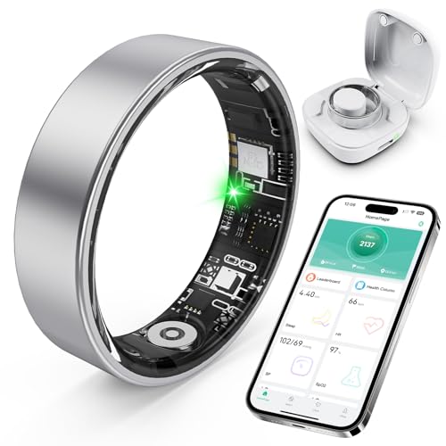 Smart ring with health monitoring features, including sleep tracking, step counting, and heart rate, alongside a charging case and smartphone app interface, relevant for High Tech Reviews on wearable technology.