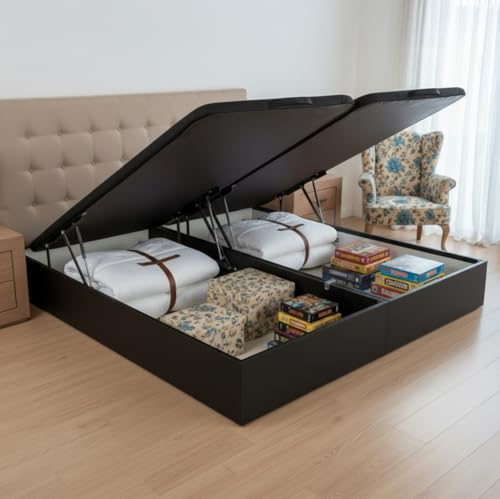 ROYAL SLEEP Canapé Abatible de Madera | 180x200 (2 cubetas Unidas de 90x200) | Montaje y Retirada de Usado Incluido | Gran Capacidad | Tapa 3D Transpirable | 32 cm | Color Negro | Space Bed