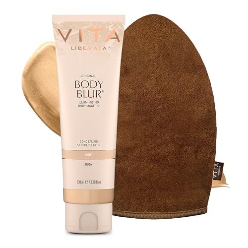VITA LIBERATA Body Blur Light 100ml & Mitt Bundle, Leg & Body Makeup, Skin Perfector, Wash Off Instant Tan, Streak Free Application Blending Brush, Water resistant, Disguise Imperfections