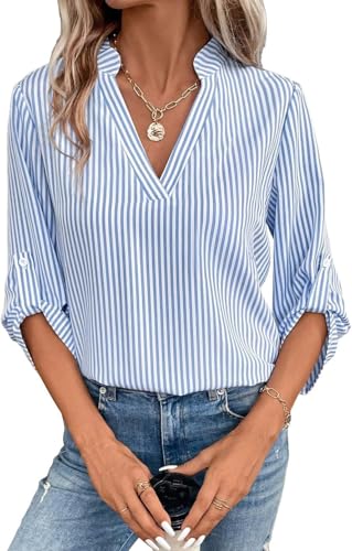 YUTILA Damen Bluse V-Ausschnitt 3/4 Ärmel Hemd Gestreiftes/Einfarbig Langarm Elegant Tunika Lässige Oberteile Longshirt