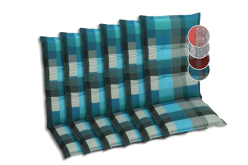 GO-DE Textil Bequeme und attraktive Polsterauflagen für Hochlehner-Gartenstühle (6er-Set, Karo Petrol, Hochlehner)
