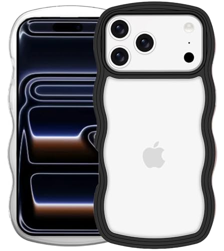 Image of GoldKart iPhone 17 Pro Case Wavy Edge Clear Back Design, Anti-Slip Grip Cute Wave Curly Frame Shape Shockproof Soft TPU & Hard PC Bumper Protective Phone Case Cover for Women Girls - Black