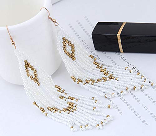 Native American Beaded Earrings Jewelry for Women Oversized Handmade Seed Long Beaded Drop Earrings with Hook for Gift (White)2