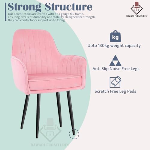 Image of Plush Dining Chair | Accent Chair for Living Room Bedroom Restuarant | Velvet Fabric & Thick Cushion Seat with Sturdy Glossy Metal Legs (Black Legs, Baby Pink)