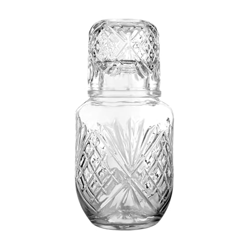 Bedside Water Carafe and Glass Set, Compact Glass Water Carafe with Cup for Bedroom Nightstand, 7.08 in Tall, Cup Doubles as Lid, Mouthwash Decanter for Bathroom