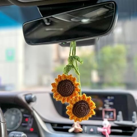 Refintural 2 Pieces Handmade Sunflower Car Accessories Sunflower Pendants Car Mirror Hanging Accessories Cover
