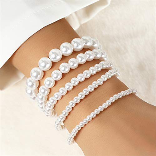 Pingyongchang 6Pcs Stackable Venetian Pearl Flat Brass Bead Ball Bracelet Set Simple Delecate Gold Beaded Stretch Bracelets Friendship Bangle Boho Stretchable Elastic Bracelet for Women Girl2