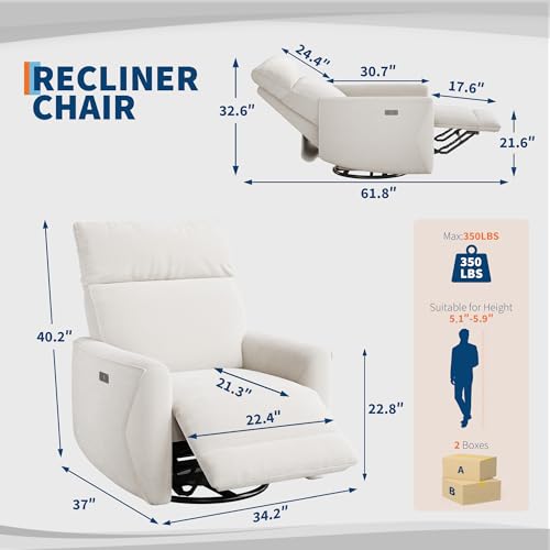Image of GarveeHome Power Recliner Chair, 270 Swivel Rocking Glider with USB Charging Port, Chenille Upholstered Fabric, Ergonomic Modern Nursery Chair for Living Room, Bedroom, Nursery (Beige)