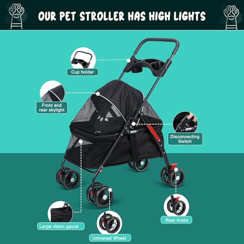 Hundebuggy bis 15 kg Klappbar – Faltbarer Hundewagen mit Netzfenster, Bremsen & Getränkehalter – Katzenwagen für Kleine Hunde und Katzen