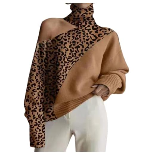 dagui Vår och höst Sexig höghalsad axelbandslös tröja Temperament Enfärgad tröja Långärmad tröja dam leopard L