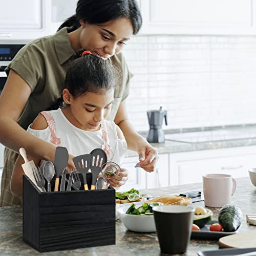 Y&ME YM Kitchen Utensil Caddy With 2 Compartments, Rustic Kitchen Utensil Holder Wood Utensil Organizer Box, Farmhouse Utensil Crock Flatware Organizers, Cutlery Storage Box For Kitchen (Black) - Thumbnail 2