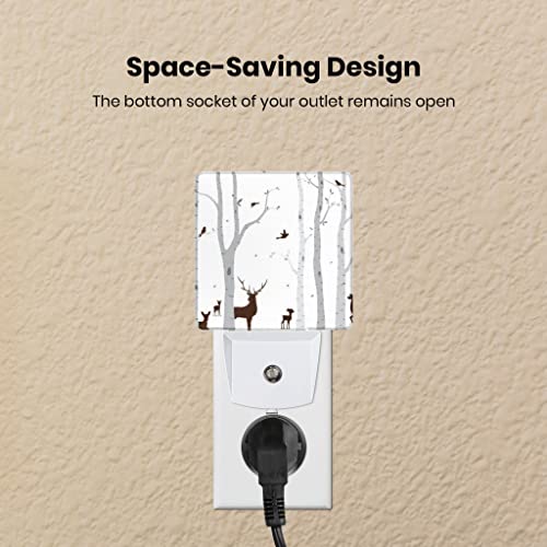 Birch Tree With Deer And Birds Silhouette Plug-In Night Light Dusk To Dawn Smart Sensor White Led Nightlight For Bedroom Bathroom Kitchen Hallway Stairs Hallway Energy Efficient Decor Desk Lamp #TOP3