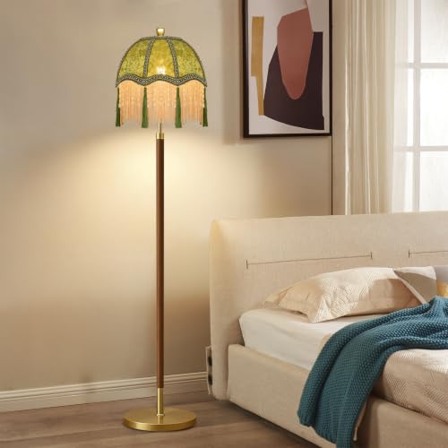 Image of Wood Floor Lamps for Living Room Vintage Floor Lamp with Remote Control & 3 Color Temperature,Dimmable Floor Lamp Mid Century Modern Standing Lamp Green Fringe Tall Floor Lamp for Bedroom Corner