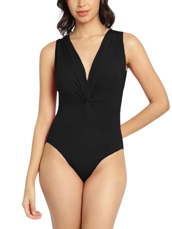 Women’S Black Bodysuit | Solid V-Neck Swimwear for Girls & Ladies| 100% Polyamide Beach Wear (AISW-143C)-image-24