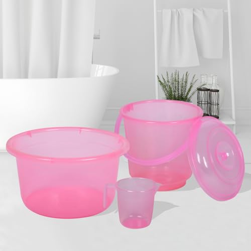 Image of Kuber Industries Set of 3 Bathroom Combo Set | Tub-25 L with Bucket-13 L & Mug-1100 ml Bathing Set for Bathroom | Bathing Combo Set | Modern Bathroom Accessories Set | Transparent Pin