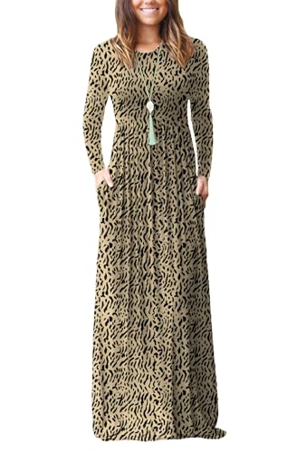 EUOVMY Long Sleeve Floral Maxi Dresses for Women Leopard Khaki X-Large Round Neck Boho A-line Casual Hawaiian Sundress Flowy Elegant Party Vacation Spring Summer Beach Long Sun Dresses with Pockets