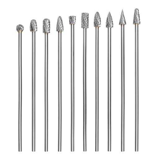 Treki 10 Stück 100mm Lang Hartmetall Frässtifte mit 3mm Schaft Wolframcarbid Fräser Fräsaufsatz für Akkuschrauber, Lang Hartmetallfräser Metallfräser Holzschnitzerei Bohrer Set für Holzarbeitung