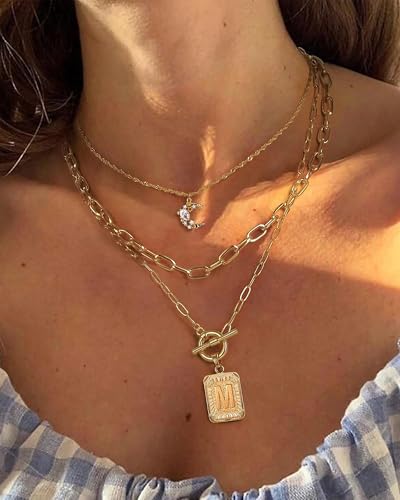 MJartoria Layered Initial Necklaces for Women Trendy, 14K Gold Plated Simple Moon Choker Square Letter Pendant Necklace, Paperclip Chain Necklace, Gold Necklaces Jewelry Gifts2