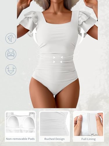 Image of Eomenie Women's Tummy Control One Piece Swimsuit Ruffle Square Neck Bathing Suit Ruched Cutout Back Slimming Swimwear