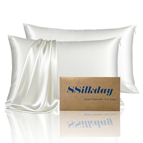 Mulberry Silk Pillow Cases Queen Size Set of 2, Ultra Smooth Soft Breathable Cooling Pillow Cases for Hot Sleepers, Silk Satin Pillowcases 2 Pack with Zipper for Hair and Skin, Gifts for Women