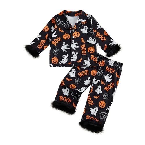fyclemt Toddler Girl Silk Pajamas Set Floral Pumpkin Fuzzy Trim Long Sleeve Button Shirt Pants Halloween Pjs Lounge Sleepwear