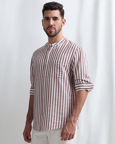 Image of MUFTI Men Shirt | Slim Fit Mandarin Collar Vertical Striped Design | Premium Viscose Nylon Blend & Crinkled Texture for Smart Casual & Weekend Wear