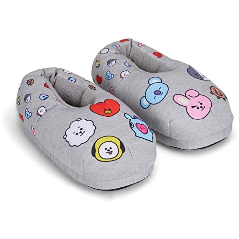 BT21 Ladies Line Friends Slippers - Ladies Classic Line Friends Plush Slippers - Tata, Van, Chimmy, Cooky, Shooky and RJ Slippers (Grey, 11/12) Cover
