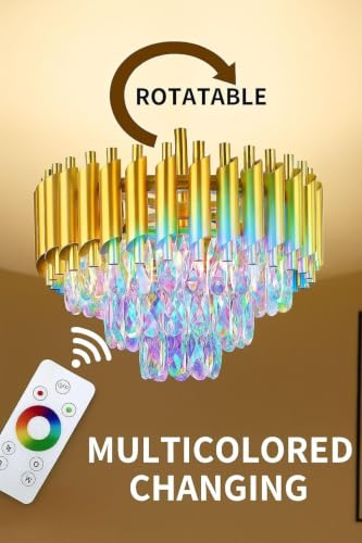 Image of Modern Ceiling Lamp 3-Tier Round Crystal Chandelier for Living Room | Bluetooth Remote Control and Moving Round| Speaker+ Multi Color LED Light (Remote Full Gold, 400MM)