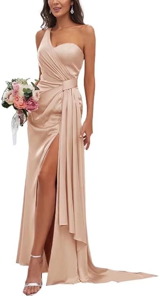 DUMOOWomen's One Shoulder Prom Dresses Long Mermaid Satin Formal Wedding Evening Party Gowns with Slit