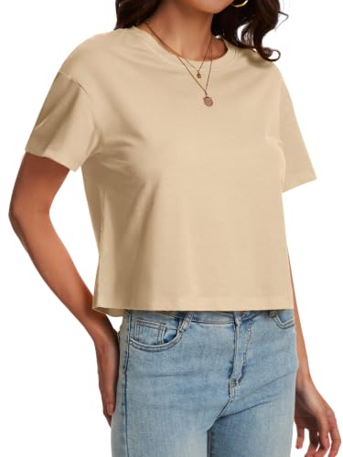 Image of SMENG Women's Crop Tops Cotton Loose Fit Tshirt Basic Short Sleeve Shirt