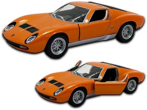 Carrinho De Ferro Miniatura Lamborghini Miura P400 SV 1971 12,5 Cm, 1/34, em metal, Miniatura de carro colecionável, abertura de portas laterais, rodinhas em borracha com fricção (Laranja)