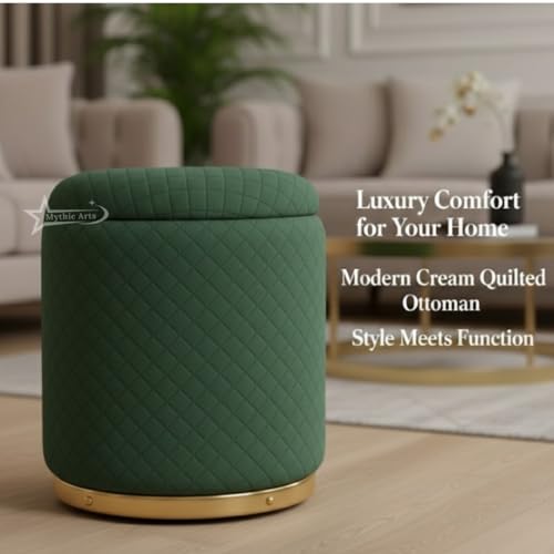 Image of Premium Round Storage Ottoman Stool 16 X 16X 19 inch, with Gold Metal Base | Luxury Pouffe with Hidden Storage | Cushioned Footrest for Living Room, Bedroom & Lounge Dark Green