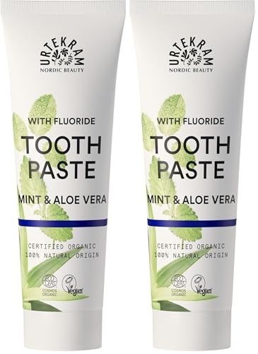 Image of Urtekram Toothpaste - Mint - with Flouride - 75 ml, Vegan, Organic, Aloe Vera, Natrual Origin (Pack of 2)