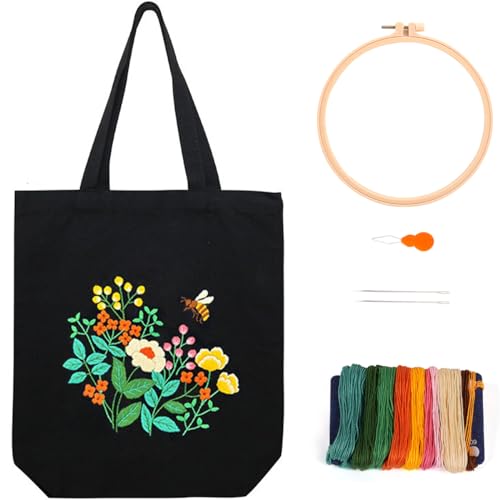 Kit de bolsa de bordado, kit de bordado de bolsa de lona con patrón floral y abeja, kit de inicio de bordado de punto de cruz para principiantes, kit de bolsa de bordado con hilos de aro instrucciones