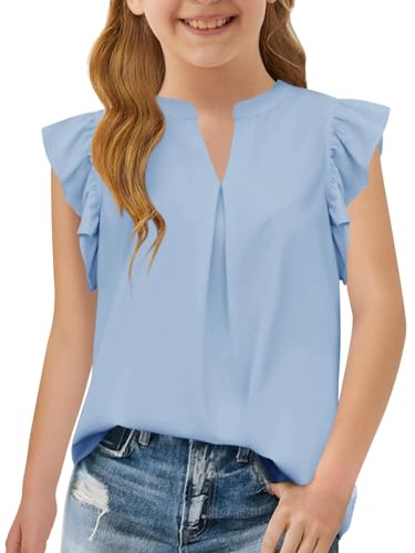 Haloumoning Girls Summer T Shirts Kids Fashion V Neck Ruffle Short Sleeve Tops Blouse 5-14 Years