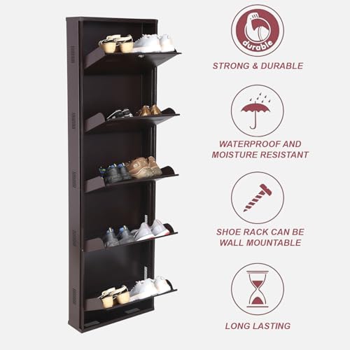 Image of Metal Shoe Rack Wall Mounted for Home with Central Locking | 5 Door 20 inch Wall Mounted Metal 10 Pair Shoe Rack Cabinet | Pre-Assembled Rack Shelves | 3 Year Warranty (Brown)