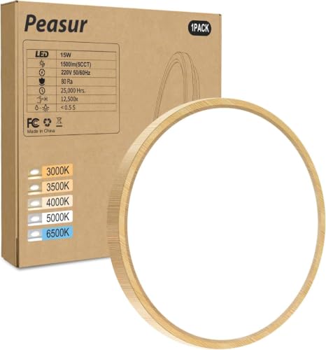 Image of Peasur Bathroom Light, 3000K/3500K/4000K/5000K/6500K 5 Color Temperature LED Ceiling Light, 15W 1500LM,Waterproof, Round, Small, Modern, Flush Ceiling Light for Bathroom, Kitchen, Bedroom, Wood