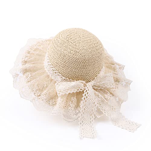 Baby Girl Straw Hat 3-6 Years Girls Summer Beach Hats with Bowknot Sun Protection Hats for Kids (Beige Lace)