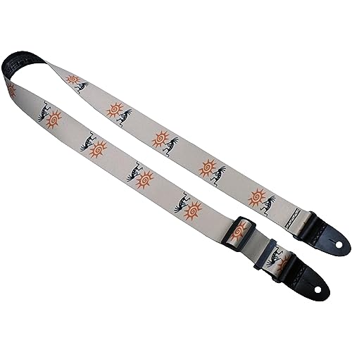 Killer-Q Guitar Strap - Stylish Straps for Electric and Acoustic Guitars With Leather Tabs, 2 Inches x 5 Feet, Kokopelli with Sun - Tan