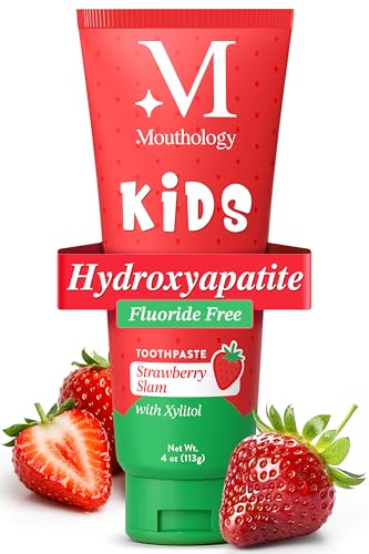 Mouthology Hydroxyapatite Kids Toothpaste Fluoride Free with Xylitol, Non Toxic Fluoride Free Toothpaste for Kids, All Ages (1-3), (3-6) & (6-12) Strawberry, 4oz