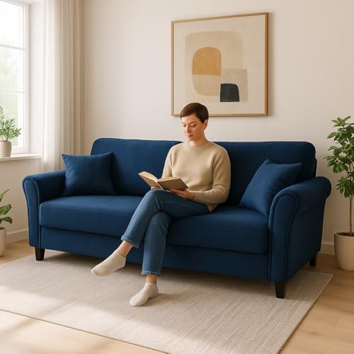 BAKAJI Divano Roma 3 Posti in Tessuto Microfibra Velluto Design Moderno Imbottito con Schiuma ad Alta Densità Struttura in Legno Piedini in Metallo Cromato Dimensione 212 x 75 x 87 cm (Blu)